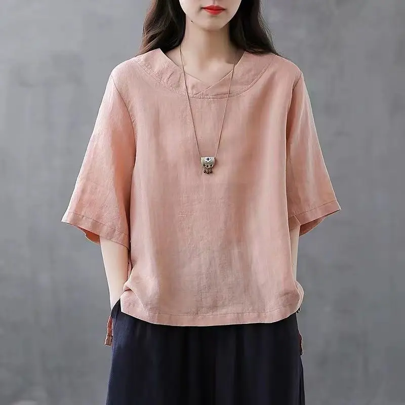 Asymmetrical Forking Cotton and Linen Tops Lady 2024 Summer Thin Style Casual Loose Large Size Short Sleeved All-match T-shirt