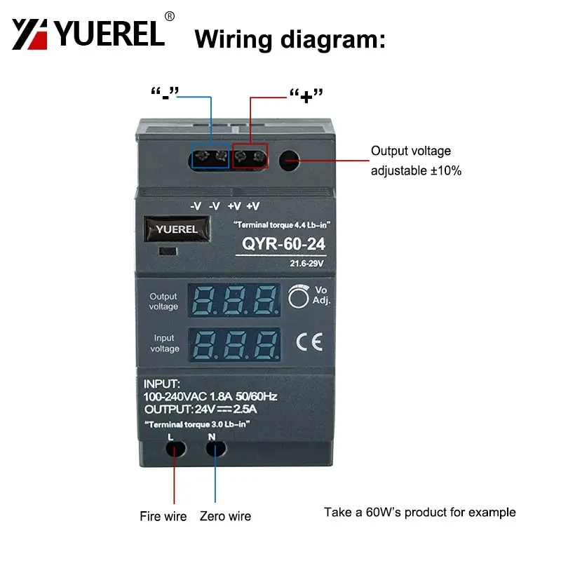 60W 100W 150W DIN Rail Switching Power Supply with Industrial Step Shaped AC-DC 12V 24V Digital Display for LED Light Strip