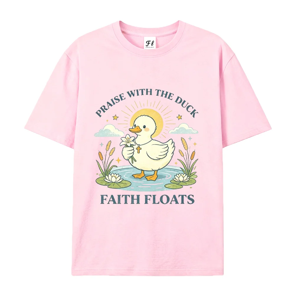 Women T‑Shirt Cute Duck Faith Floats Christian Graphic Tees Retro Faith Quote Print Casual Oversized Short Sleeve Ladies Tops