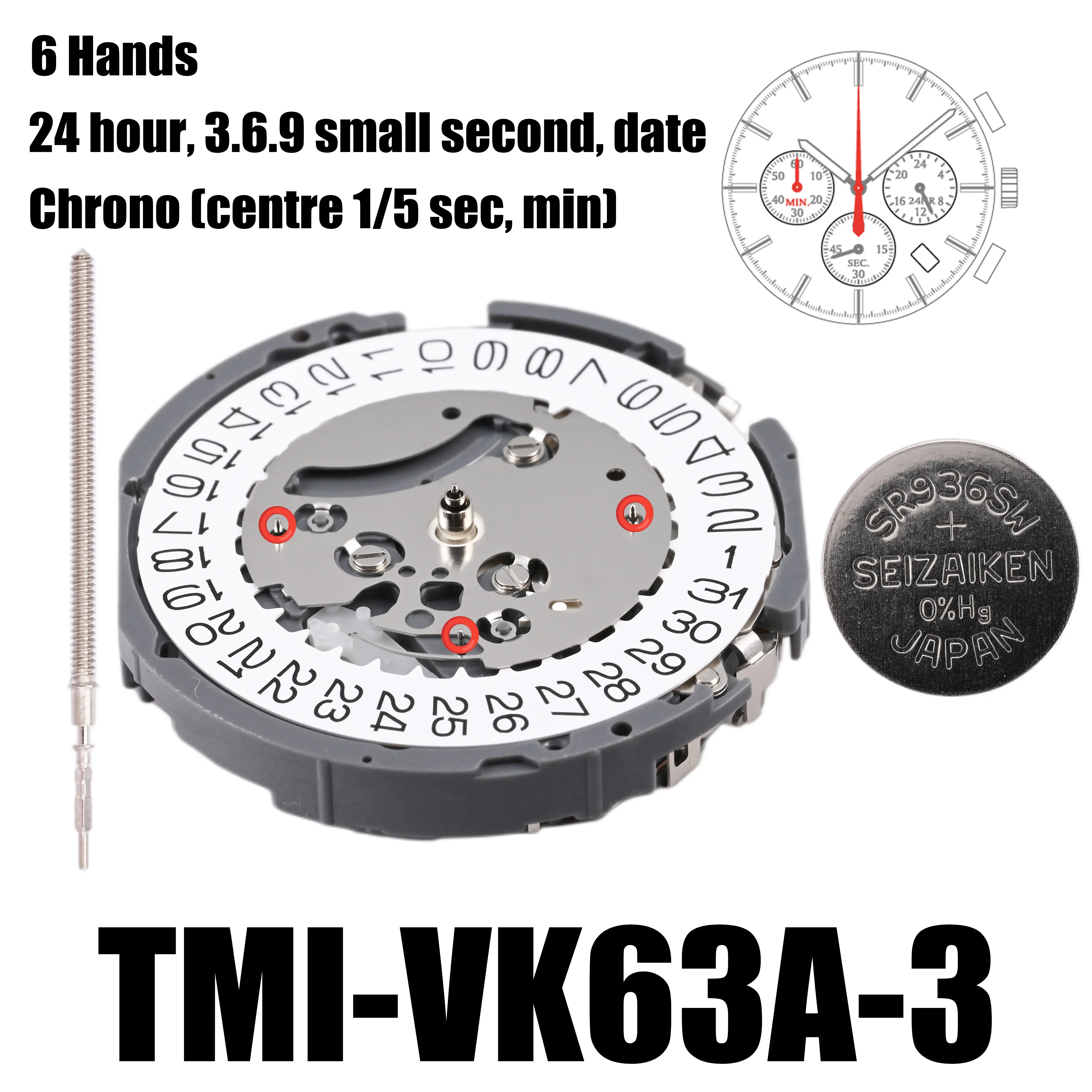 VK63 Movement TMI VK63-3 Movement 6 Hands Size: 13 ½‴ Height: 5.10mm 24 hour date at 3 o\'clock 3.6.9 Small Seconds