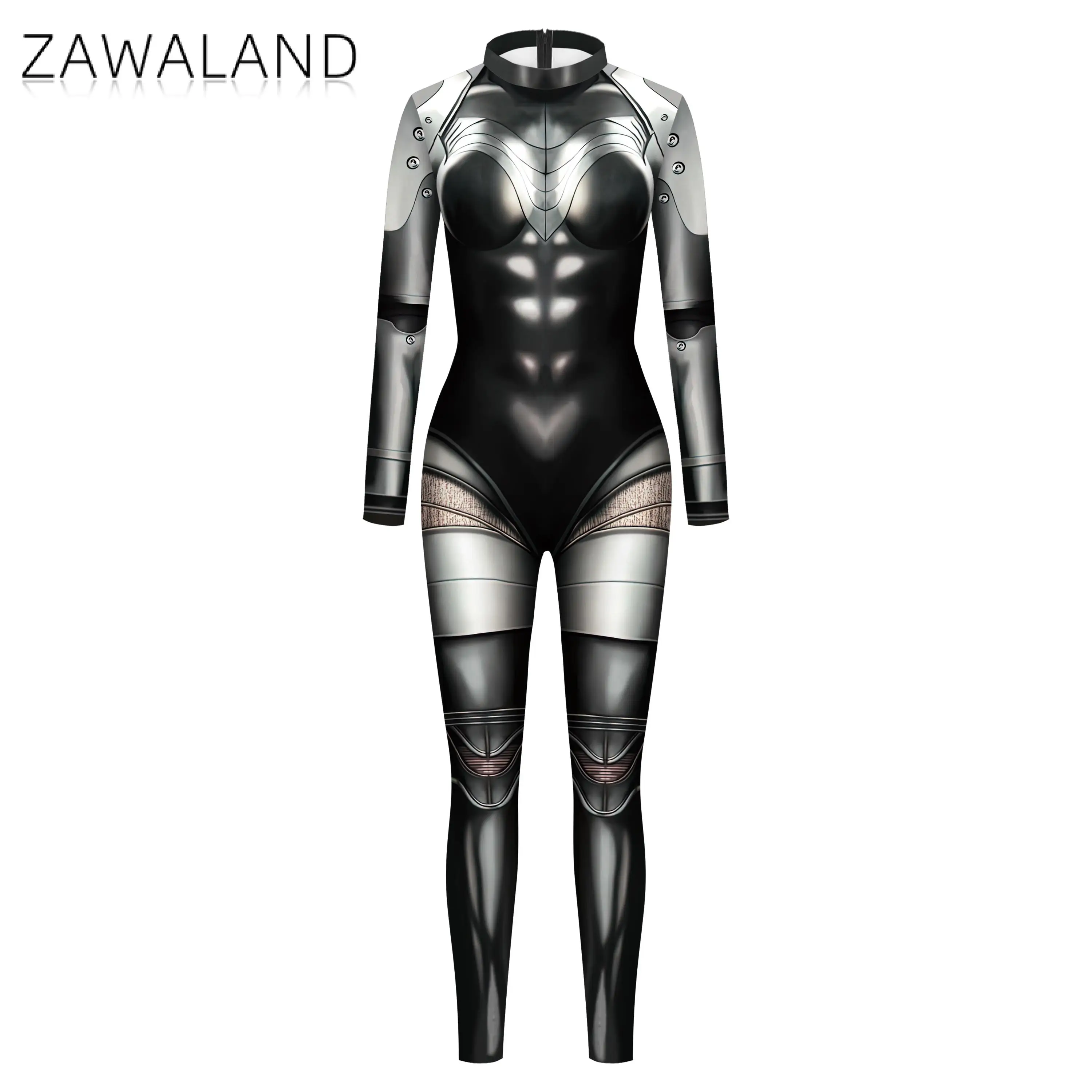 Zawaland ชุดบอดี้สูท zentai สำหรับผู้หญิงชุดคอสเพลย์ผู้หญิงหุ่นยนต์แนวพังค์ชุดจั๊มสูทสำหรับงานปาร์ตี้ฮาโลวีนชุดรัดรูปสำหรับสตรีเทศกาลสแปนเด็กซ์