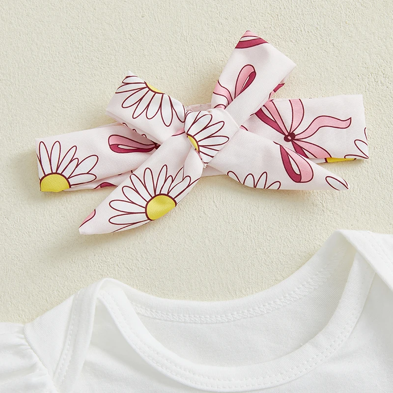 طقم شورت للفتيات حديثي الولادة بأكمام قصيرة مطبوع عليه حروف رومبير شورت مزين بالزهور مع جوارب هيرباند ملابس صيفية