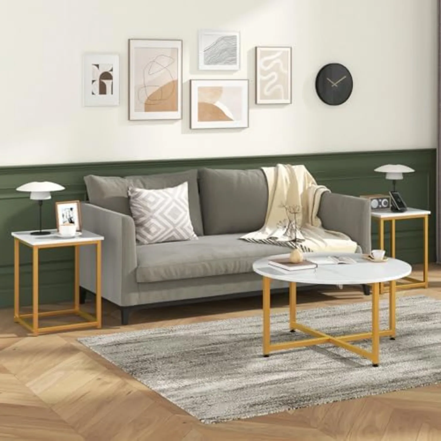 Round Nesting Table Set of 3, Modern Faux Marble Coffee Table w/2 End Tables, Sturdy Metal Frame, 3-Piece Wooden Living