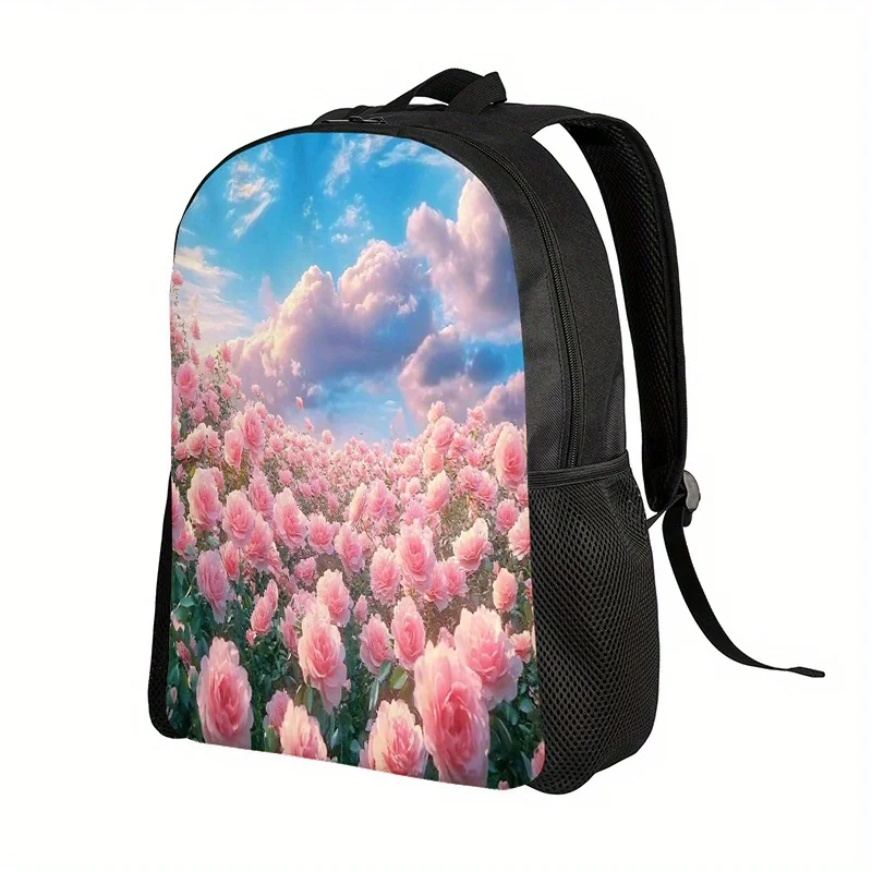

Pink printed backpack for school, university, travel and hiking – adjustable shoulder strap, durable polyester material