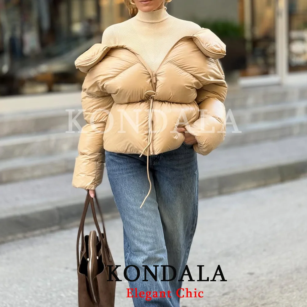 

KONDALA женская весенняя модная желтая стеганая куртка с воротником-стойкой на талии, веревочная куртка, новая мода 2026, зимнее повседневное милое пальто для поездок на работу