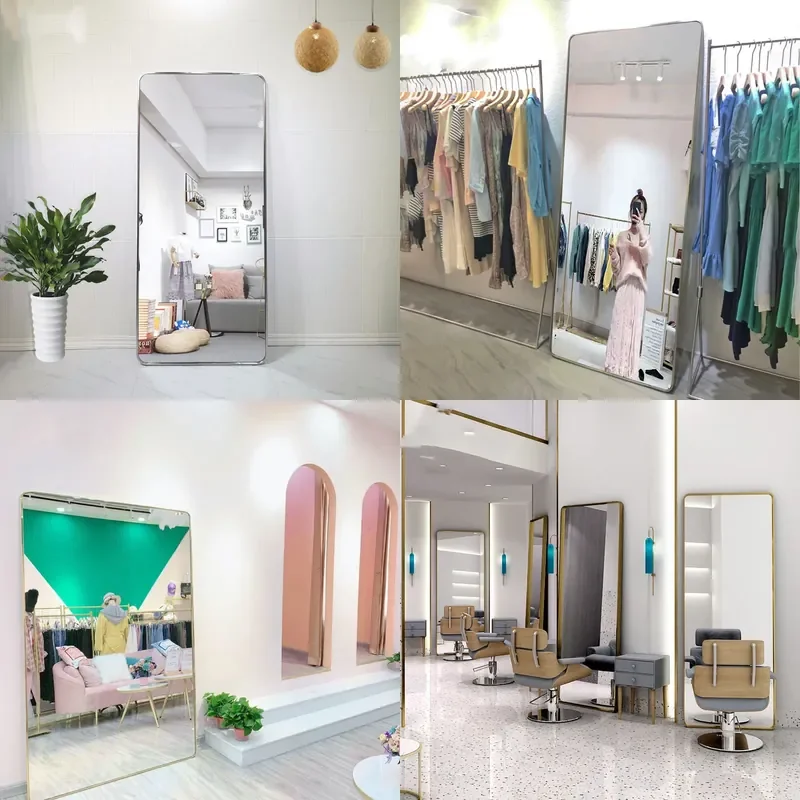 Light Luxury Arc Stainless Steel Floor to Ceiling Mirror Wall Mounted Full Body Mirror Ultra White Thin Narrow Frame for