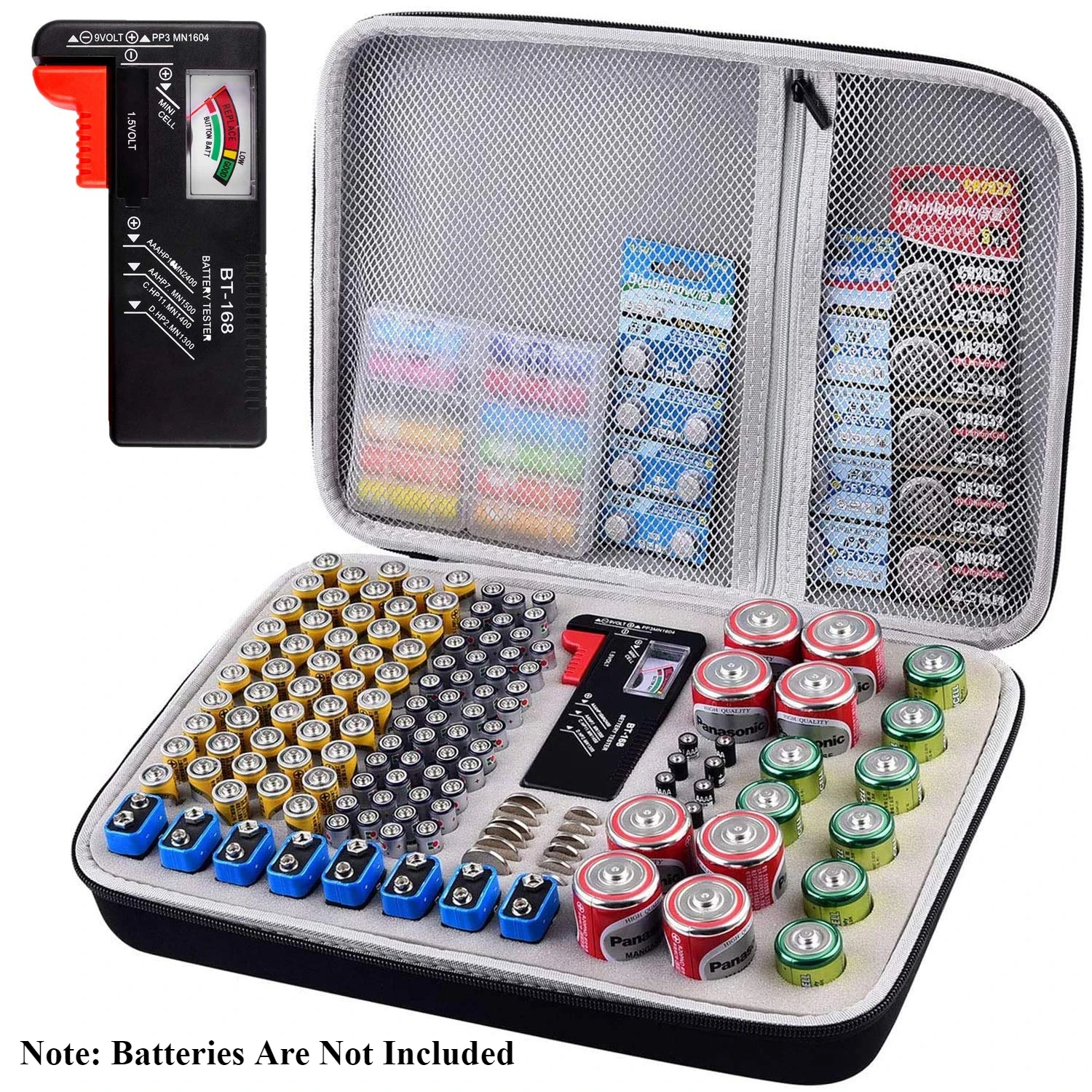 Battery Organizer Storage Holder Case Box with Tester Checker BT-168. Holds 225 Batteries AA AAA C D Cell 9V 3V Lithium