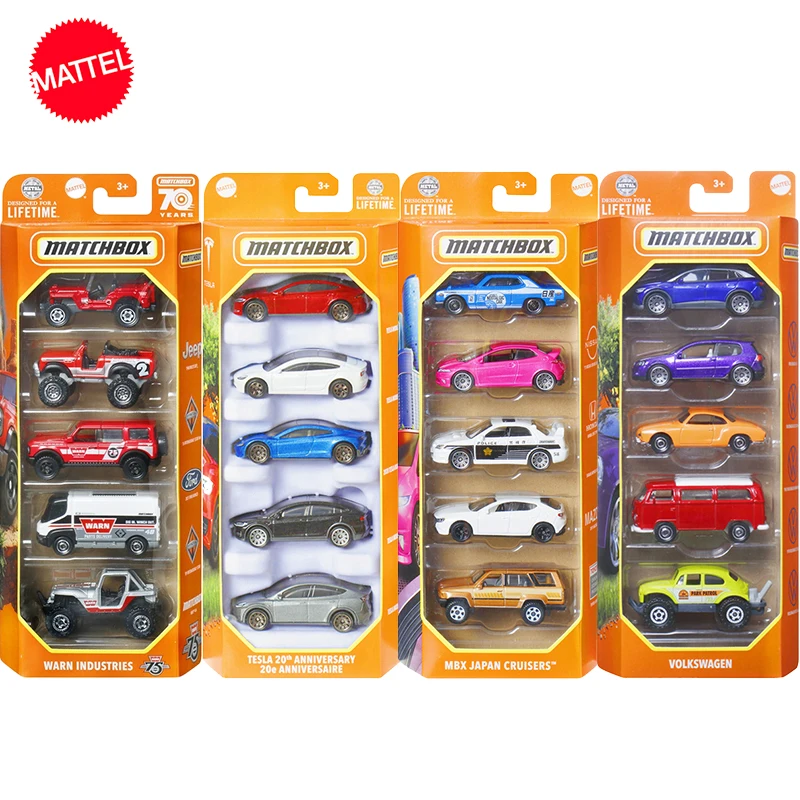 Оригинальный Mattel Matchbox автомобиль 1/64 литый под давлением 5 упаковок набор Tesla 20 юбилей Volkswagen игрушечные модели автомобилей для мальчиков подарок на день рождения