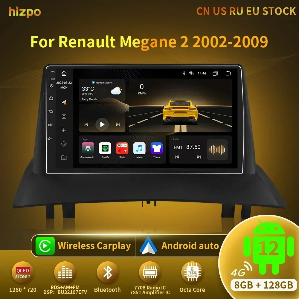 

markii Hizpo Android 12 Carplay Auto Radio Samochodowe Dla Renault Megane 2 2002-2009 Multimedialny Odtwarzacz Wideo 2Din Nawigacja WIFI Autoradio