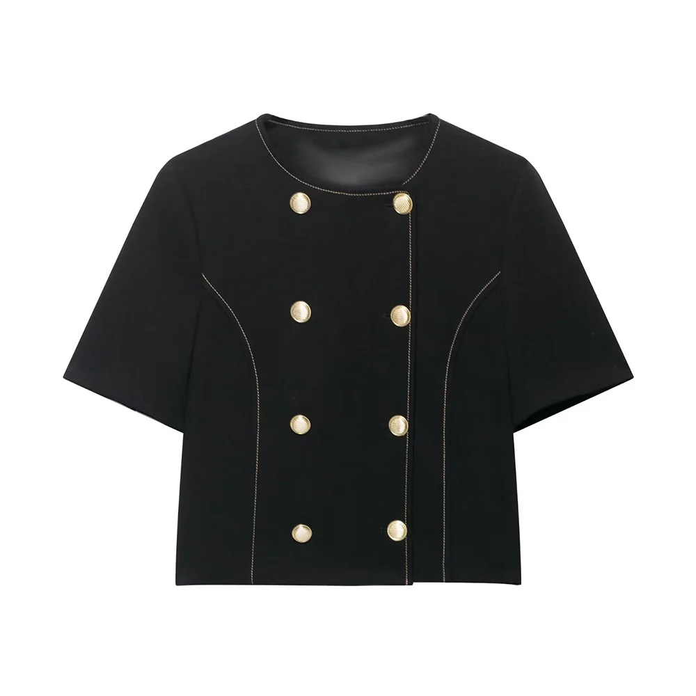 

WOMAN 2026 Summer New Fashion Contrast Short-Sleeve Blazer Coat Retro Button All-match Casual Female Outerwear Chic Tops
