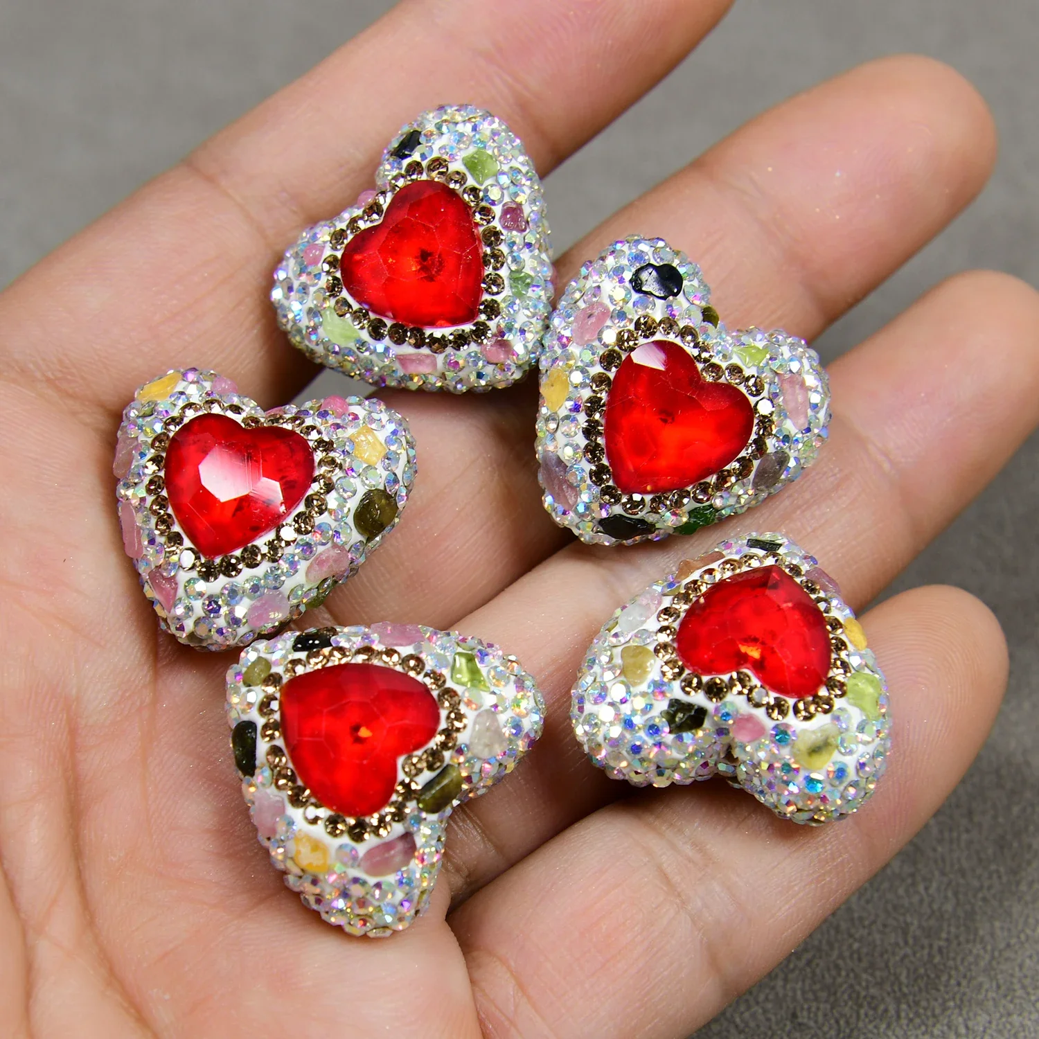 5 Pcs Natural tourmaline Heart Red Crystal Rhinestone CZ Beads Spacer Jewelry DIY Finding Accessories