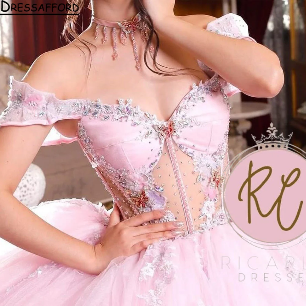 Glittering Pink Sweetheart Quinceanera Dress Off Shoulder Beading Floral Appliqué Vestidos De 15 Anos Ball Gown