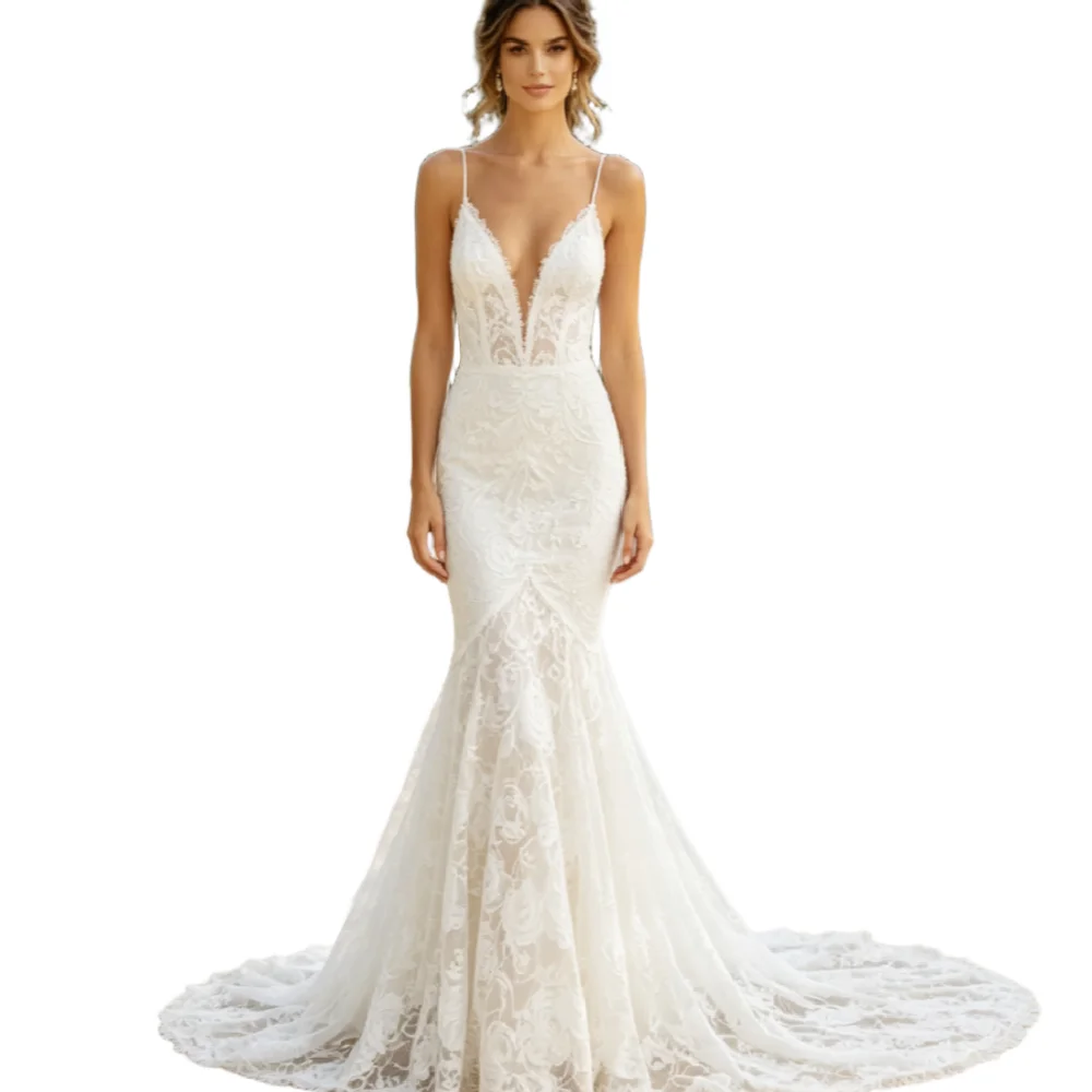 Boho Mermaid Lace Wedding Dress 2026 Spaghetti Straps Fairy Rustic Country Bridal Dresses Destination Bohemian Beach Ceremony