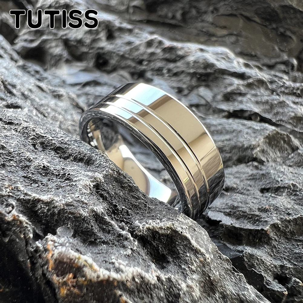 TUTISS 8mm Original Color Tungsten Men Women Wedding Band Forever Ring 2 Offset Lines Polished Comfort Fit