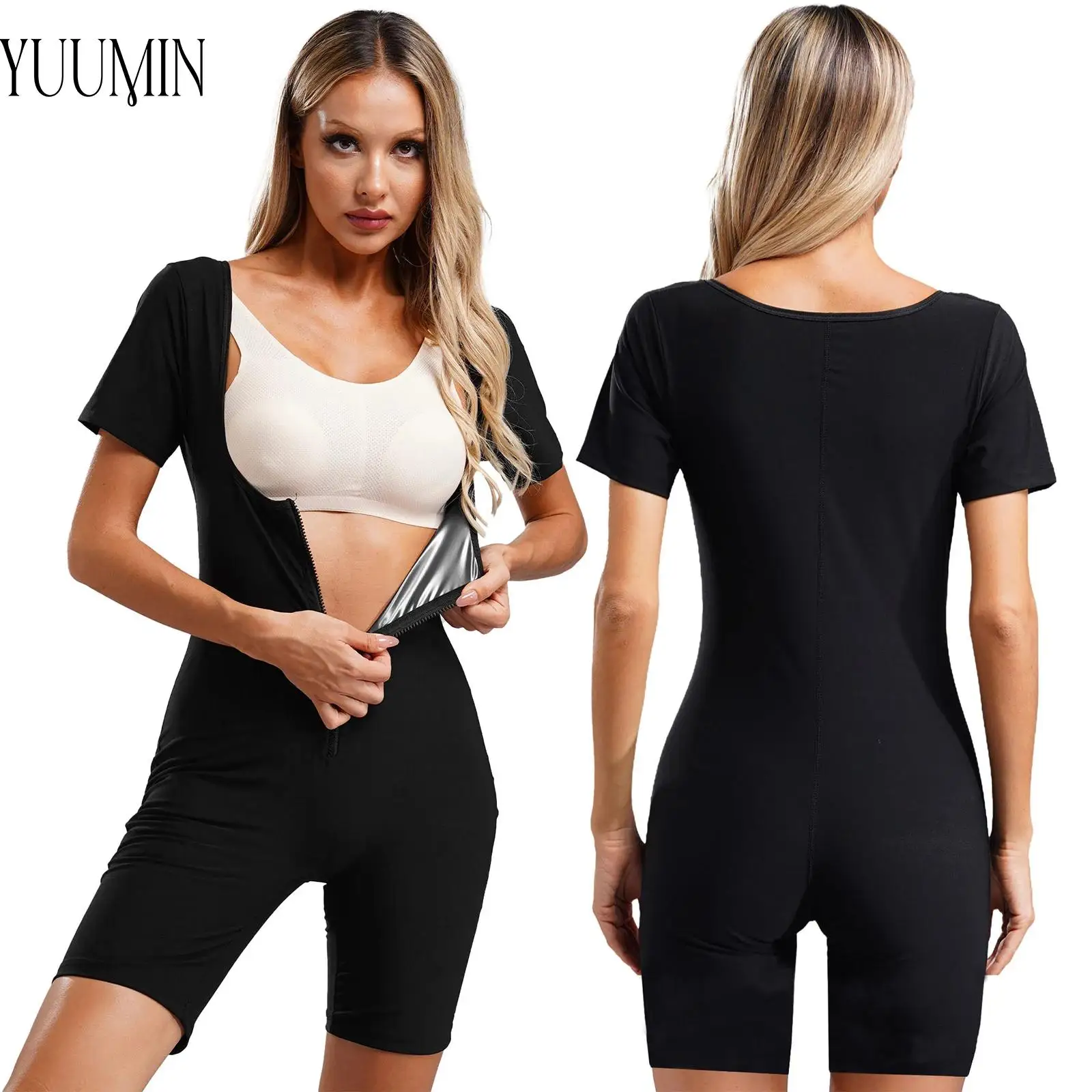 

Women Sports Sweat Jumpsuit Body Shaper Deep U-neck Short Sleeve Zipper Bodysuit Belly Control Shapwear for Gym Fitness Yoga Run