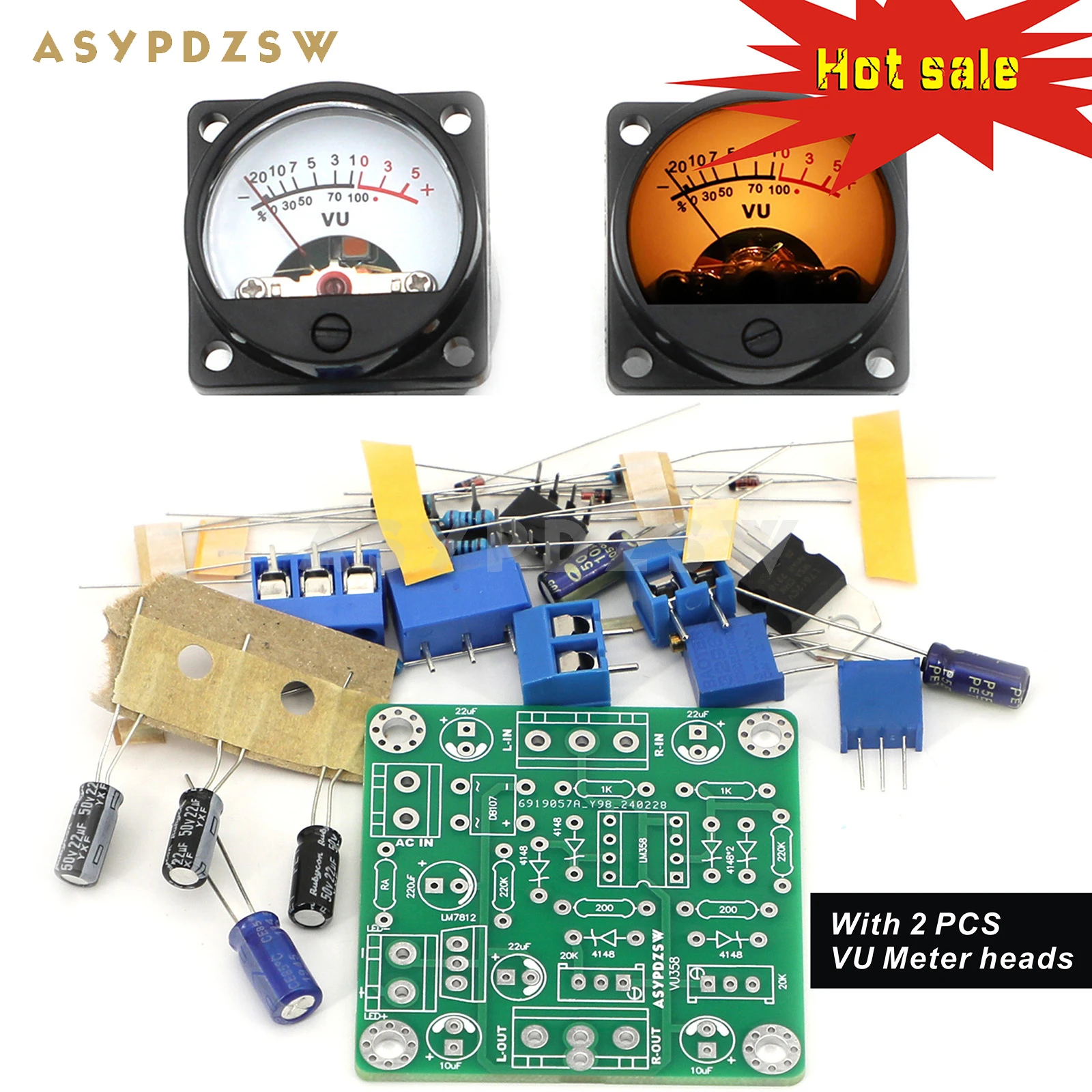 ASYPDZSW VU358 VU 레벨 LM358 오디오 계량기 드라이버 DIY 키트, 완제품 보드, 따뜻한 LED 계량기 헤드 포함, 감도 조절 가능 2 개