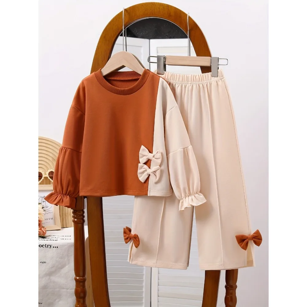 

2025 Girls Fall Outfits 2 Pcs Set Long-sleeved Round Neck Bow Top + Wide-leg Trousers Pants Kids Girls Clothes Children Clothing