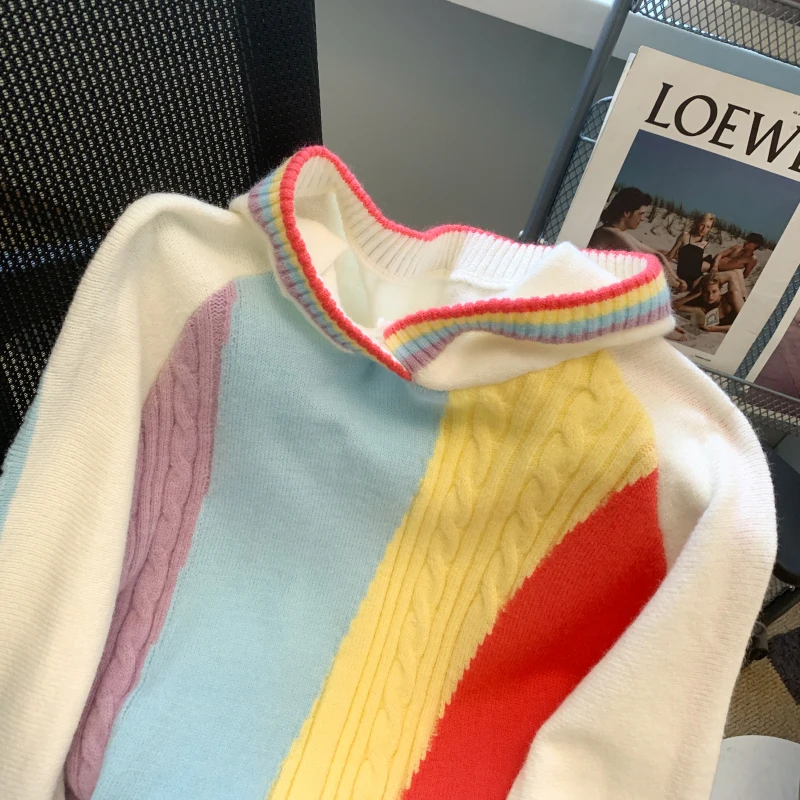 Rainbow Striped Hooded Sweater Pullover Women Stylish Streetwear Fashion Chic Crop Tops 2023 Autumn Winter Long Sleeve Knitwear