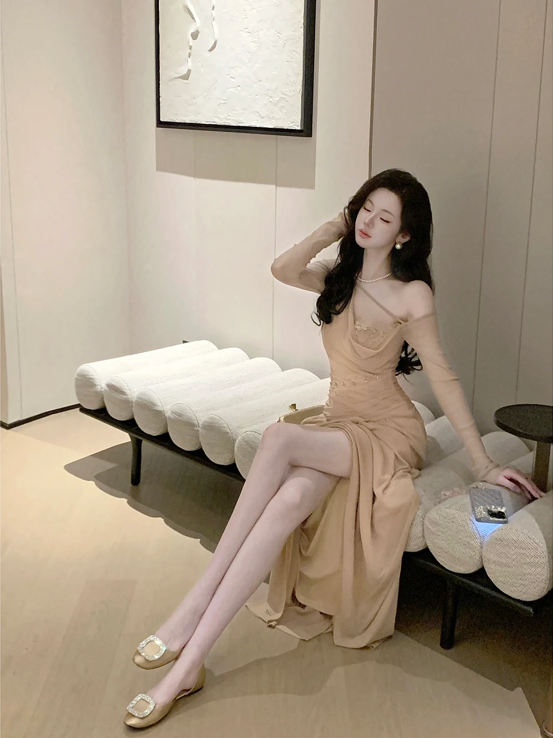 Elegant Long Sleeve Champagne Dinner  Dry Suit Dress Asymmetrical Shoulder Slant Neck Gown for Women Syqiao Brand