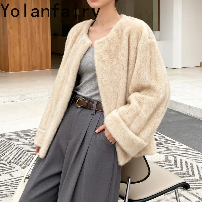 YOLANFAIRY 천연 모피 코트 여성용 럭셔리 겨울 진짜 밍크 퍼 자켓 우아한 O넥 퍼 코트 여성용 자켓