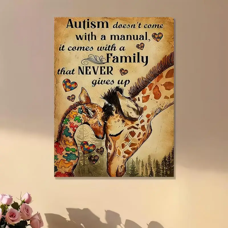 Vintage Autism Awareness Metal Tin Sign - Giraffe Family & Puzzle Hearts Design, Retro Iron Wall Art with Inspirational Quote, P