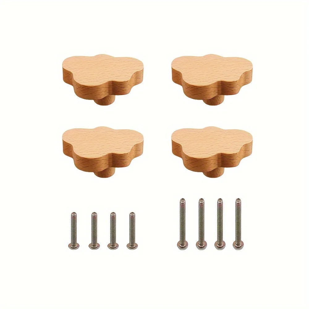 4PCS  Durable Beech Wood Drawer Knobs Cloud-Shaped Wooden Dresser Pulls Boho Dresser Knobs Wood Color For Cabinets, Furn