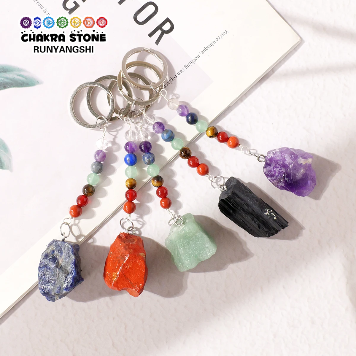 1PC Natural Crystal Chakra Beads Raw Stone Keychain Decoration Healing Gemstone Key Ring Decor Gifts Halloween Christmas