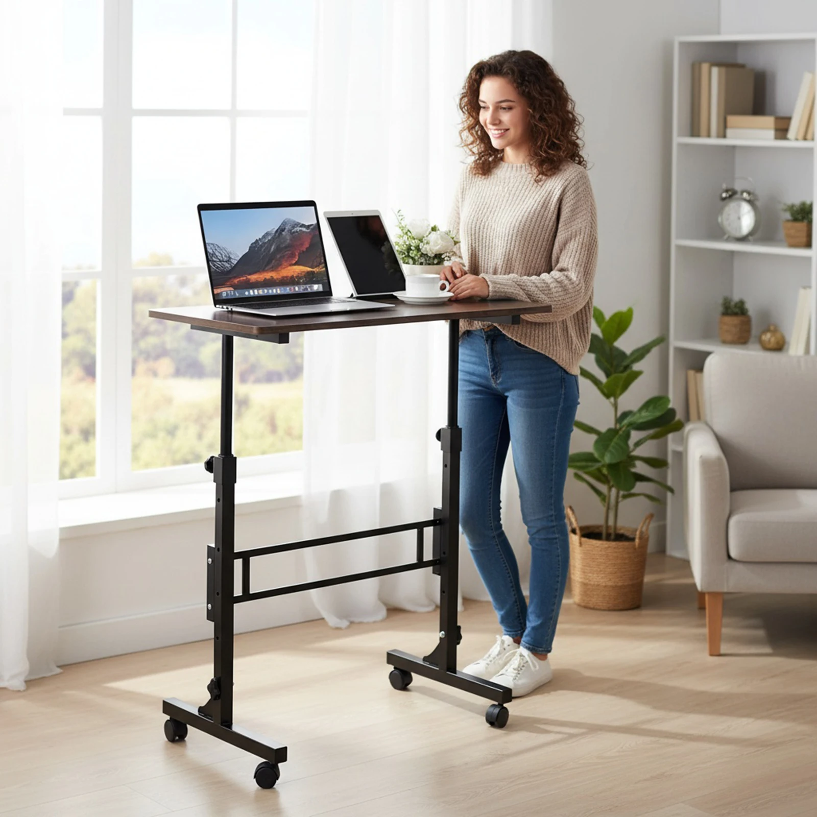 

Standing Laptop Desk Mobile Stand Up Desk with 4 Fexible Wheels 70-110cm Height Adjustable Rolling Study Table for Home & Office