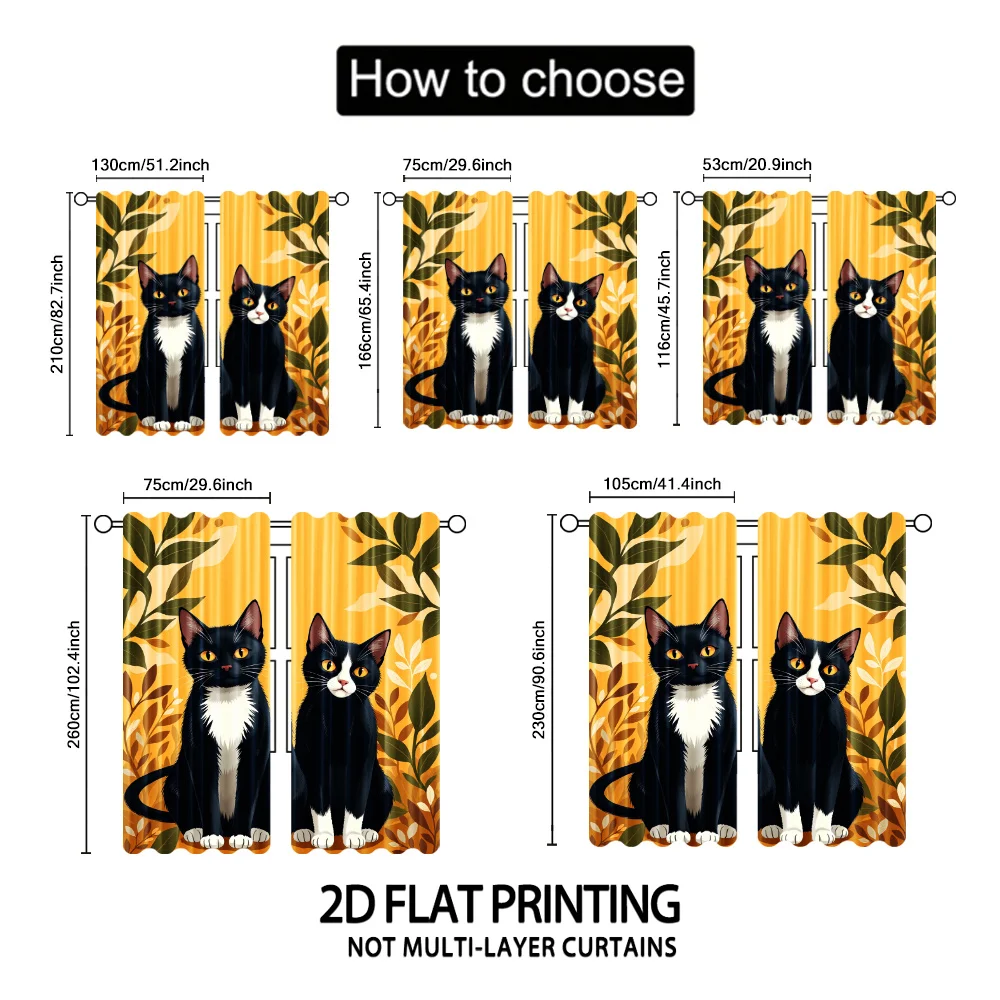 Black Cat Couple Curtain, Autumn Leaves Pattern Drape, Cute Pet Portrait Window Treatment for Living Room Bedroom Home Decor
