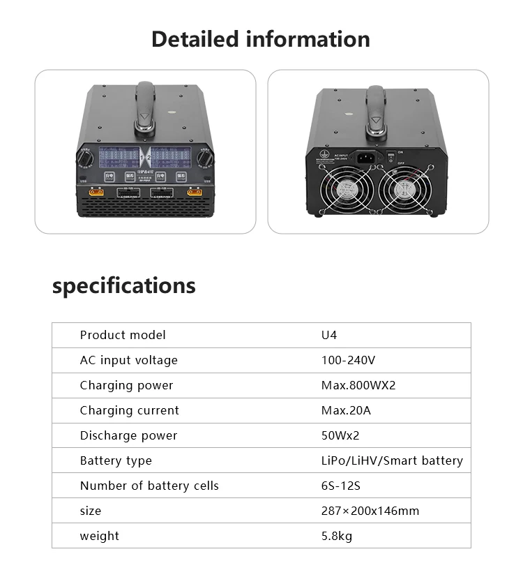 EV-PEAK U4 1600W 20A Dual Channel Smart Balance Charger/Discharger for RC LiPo/LiHv 6S-12S Battery