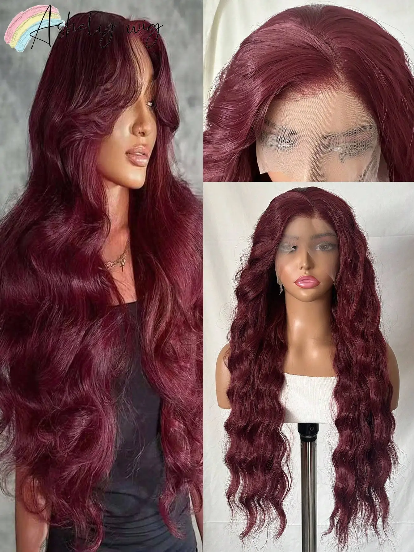 

Ashely Women's Long Wavy Synthetic Wig Heat Resistant Wine Red Loose Curly Lace Front Wig With Natural Hairline Pre-Cut Wig
