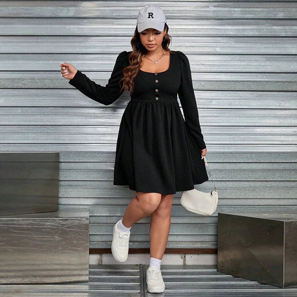 Vestido feminino plus size na altura do joelho manga comprida preto sólido vestido grande para mulheres outono inverno