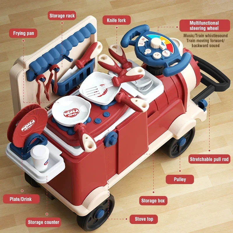 Zestaw zabawek dla dzieci 3 w 1: skrzynka narzędziowa, kolejka z pojazdami, zabawki kuchenne, zestaw sprzętu lekarskiego, siedzisko, wielofunkcyjne przechowywanie, zabawa w udawanie.