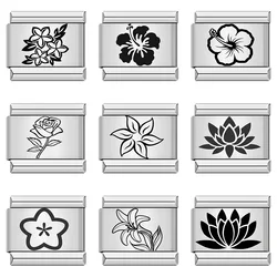 2024 Fashion New Laser mark Stainless Steel Flower Design Charm Italian Links Fit 9mm Bracelet DIY Making Jewelry Gift Wholesale