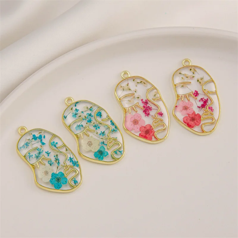 Min order 20pcs/lot color Natural dried flowers core alloy face shape floating locket charms diy jewelry earring accessory