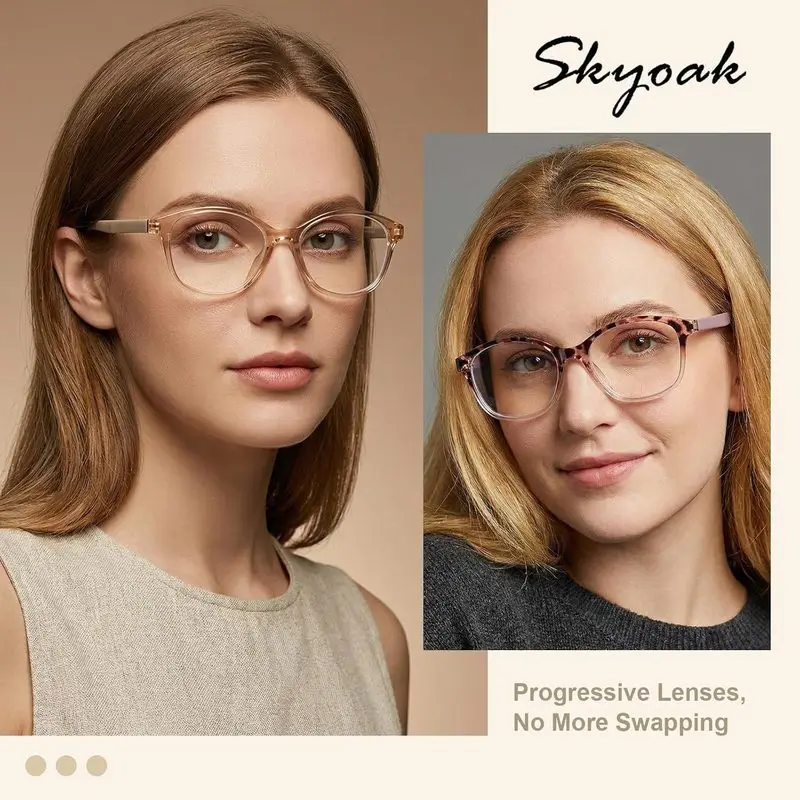 SKYOAK 2 Pack Vibrant Progressive Multifocus Reading Glasses Women TR90 Stylish Cat-Eye Frames Flexible 3+2 Spring Hinge