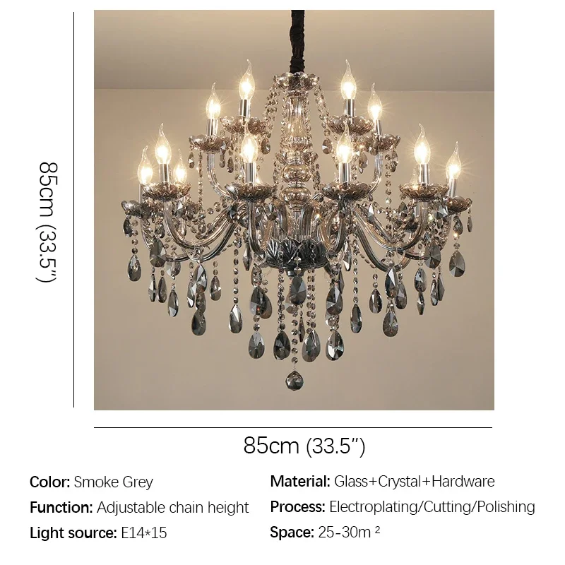 DLMH European Luxurious Crystal Pendent Lamp Smoke Grey Candle Lamp Living Room And bedroom Restaurant Hotel Villa Chandelier