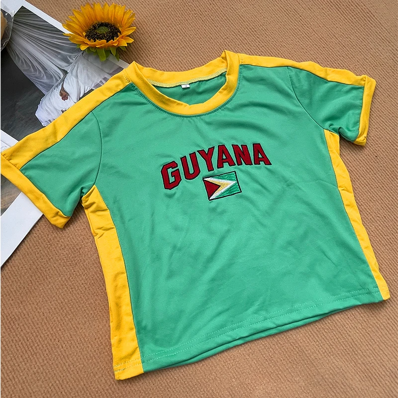 GUYANA Letter Print Shorts Sleeve T-Shirt Women O-Neck Slim Crop Tops Y2k Gothic Harajuku Vintage Baby Tees Sporty Fashion Top