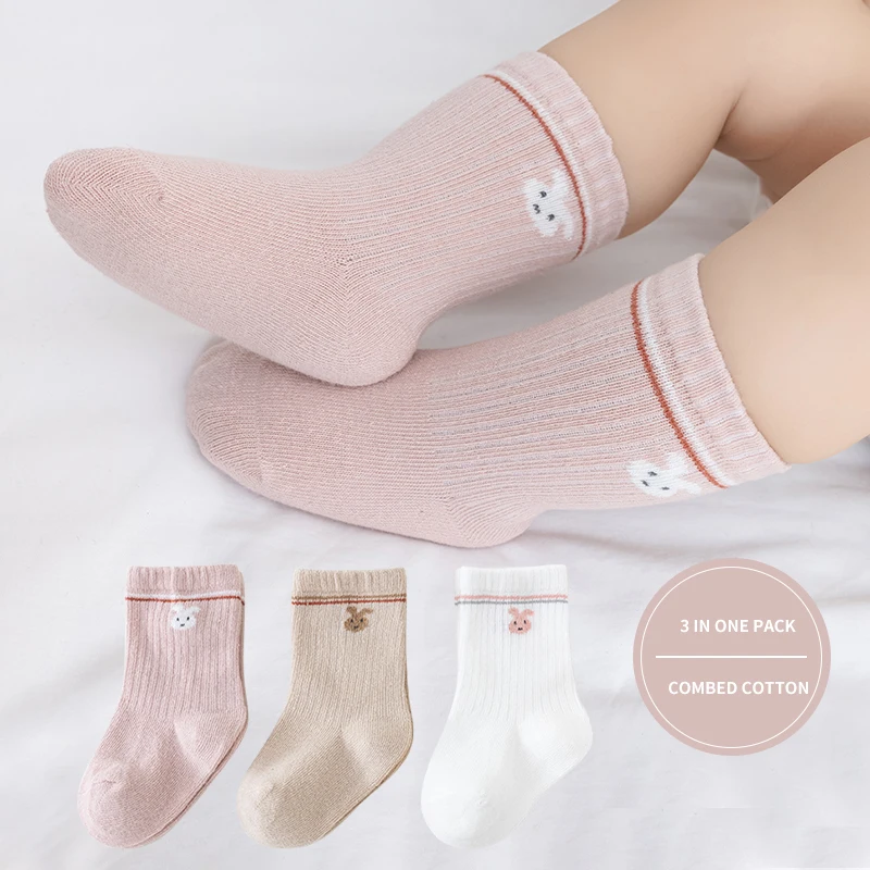 

Комплект из 3 носков для новорожденных из чистого хлопка, эластичные однотонные носки в рубчик до середины икры с мотивам мультяшных животных для ребенка