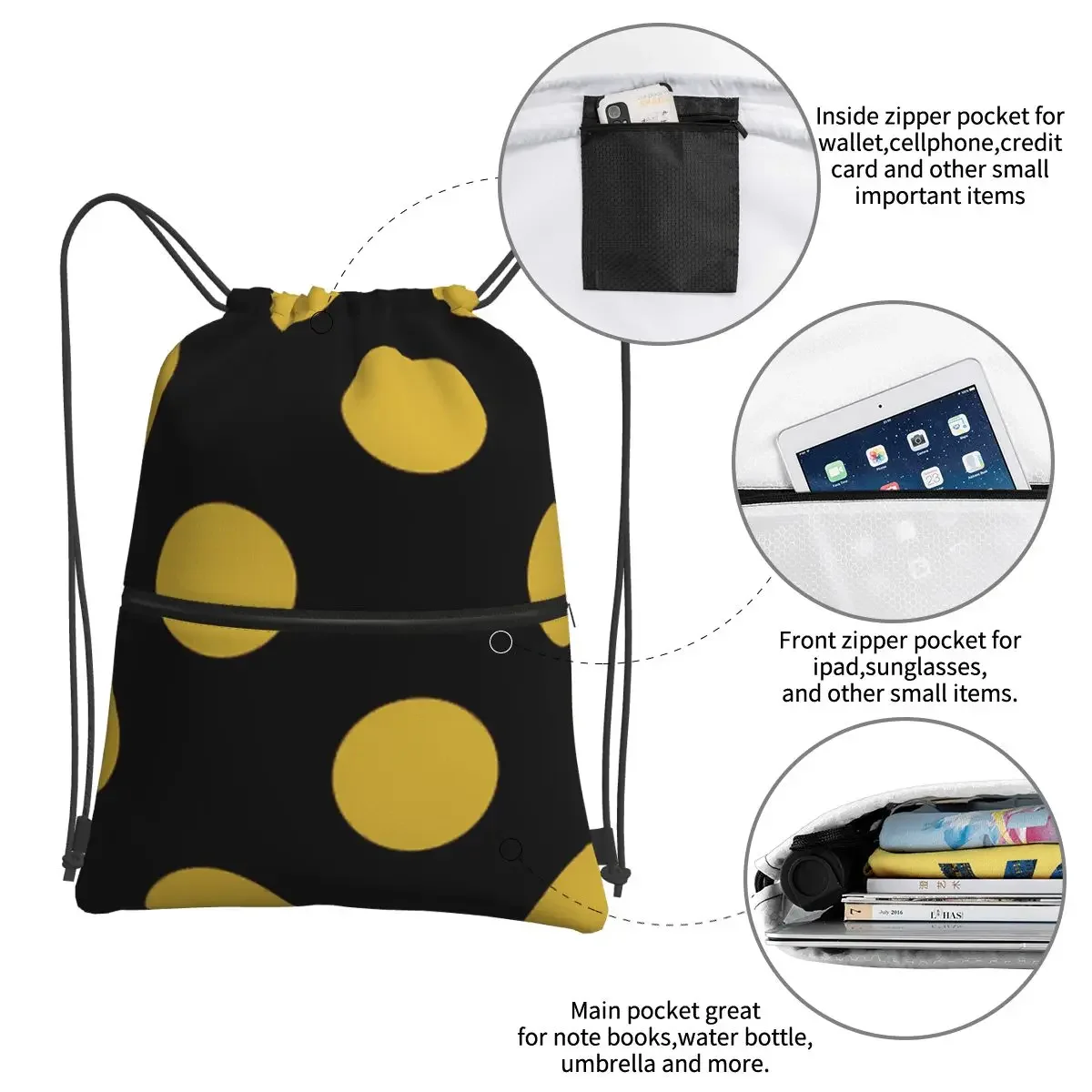 Festive Giant Gold On Dark Red Polka Dots Portable Backpacks Drawstring Bag Fashion Sundries Bags For School Students