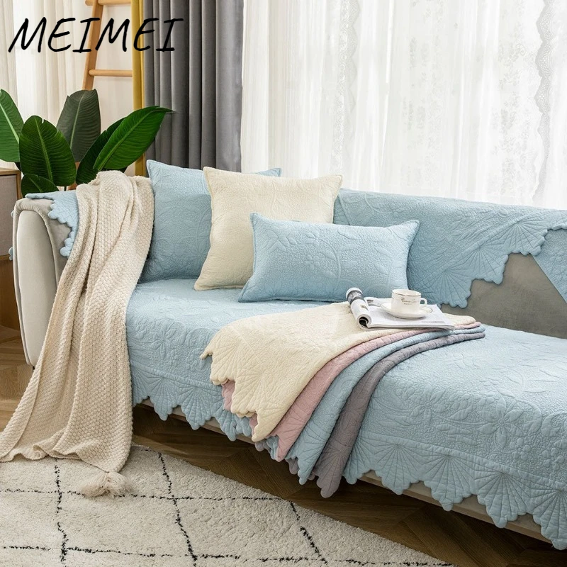 

Nordic Simple Solid Color Couch Cushion Four Seasons Pure Cotton Fabric Non-slip Slipcover Winter Universal Modern Sofa Cover