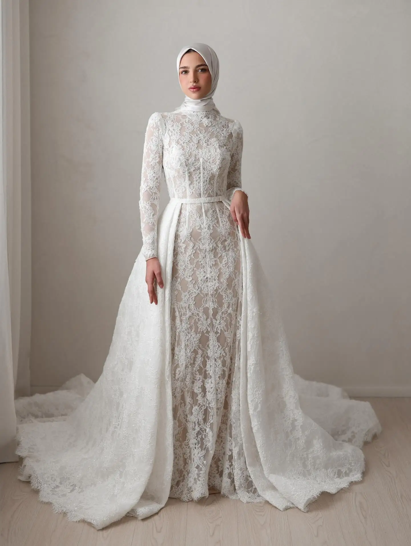 Sheer Fairy Women' s Elegant Wedding Dress with Over skirt Halter White Floral Lace Simple Bridal Gowns Mermaid SW529 Customized