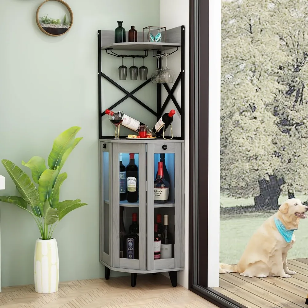 Corner Wine Cabinet with Locking Door, Alcohol Cabinet with Light, Lockable Bar with Glass Door for Home Bar & Wine Cabinets