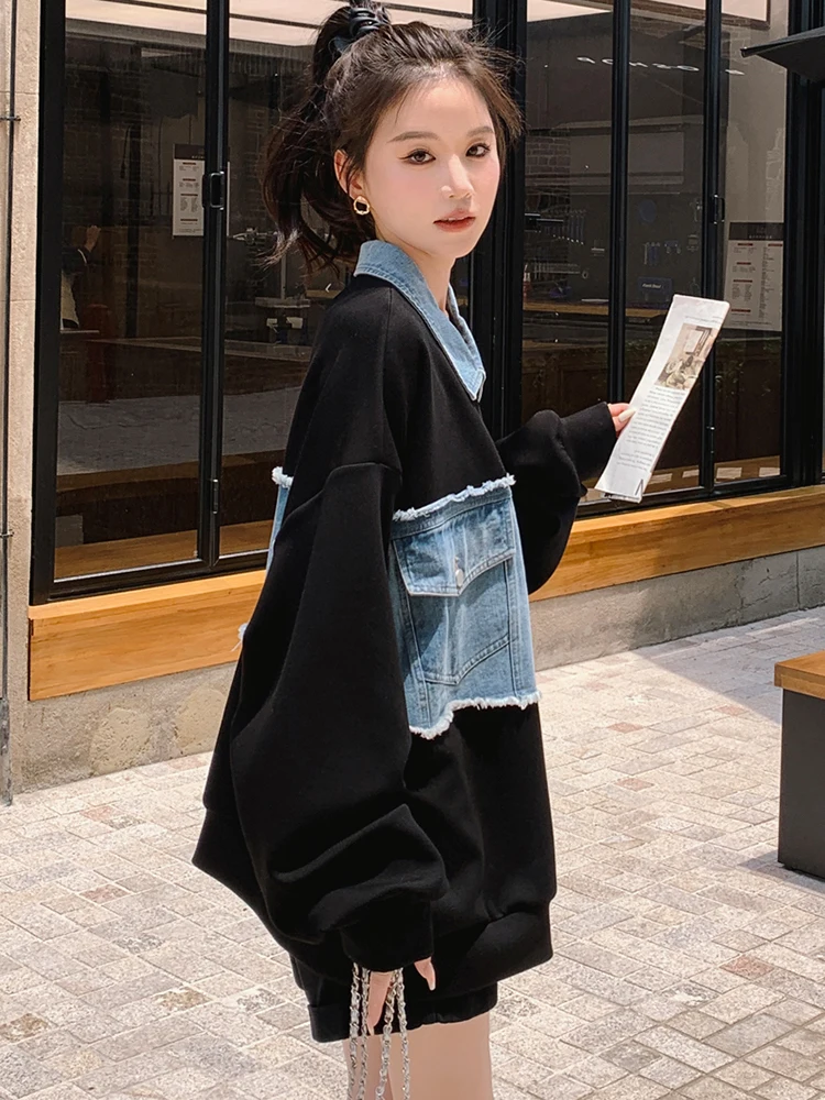 LANMREM Patchwork Denim Sweatshirt For Women Lapel Long Sleeves Sticthing Fashion Loose Style Female Streetwear Clothes 2DA3930