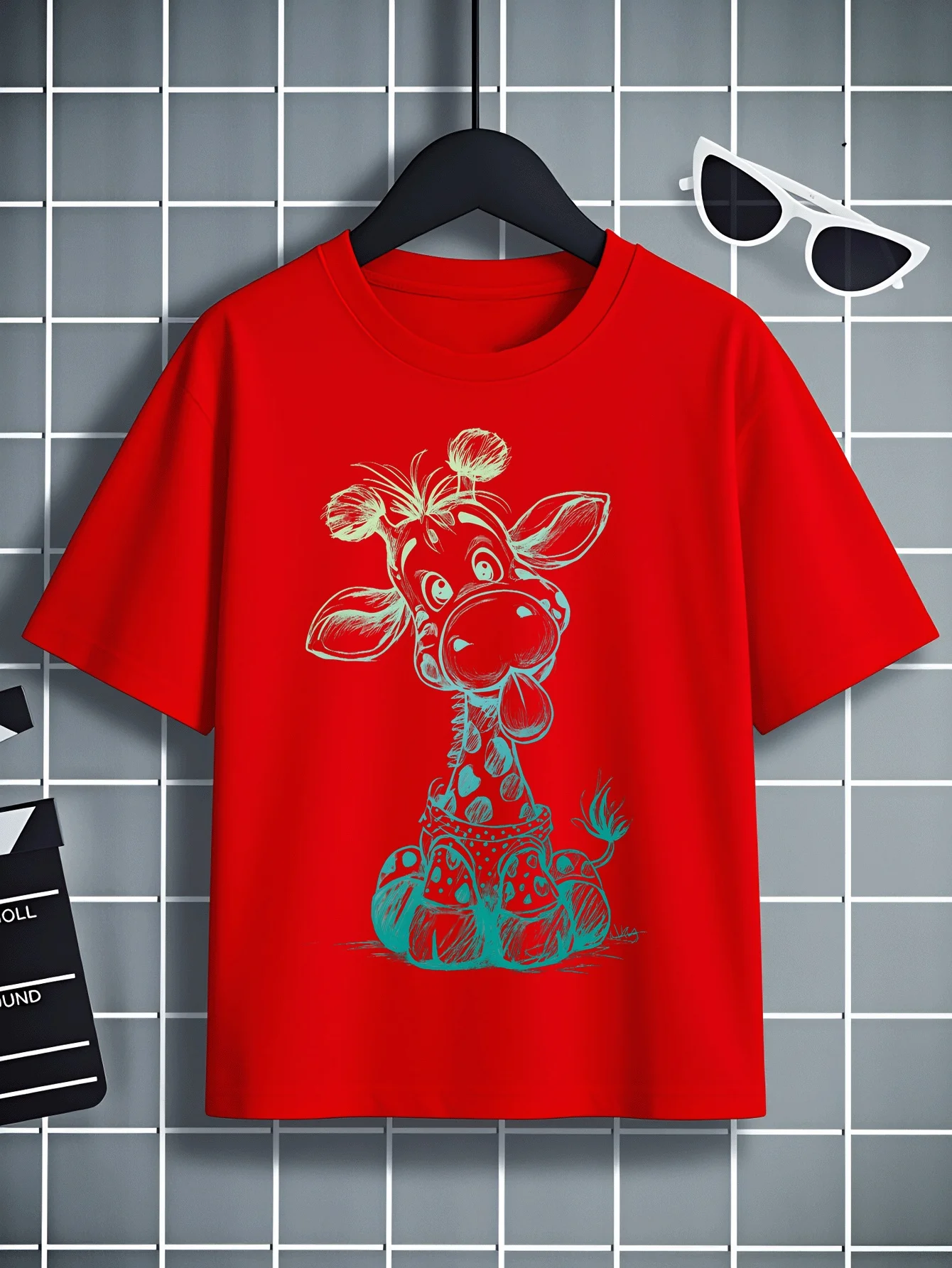 Giraffe Spotted Cartoon Style Printed Children's T-shirt Soft Round Neck Summer Top Casual Theme Parent Child Clothing