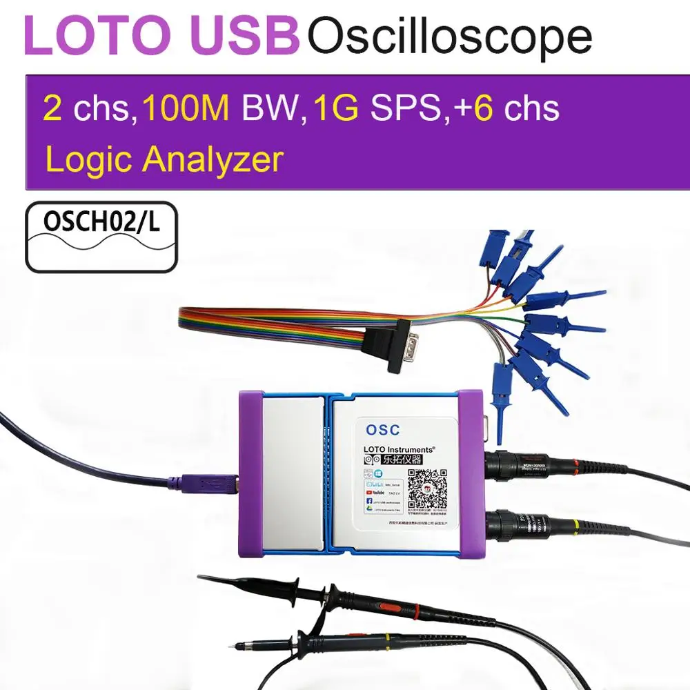 LOTO USB/PC Oscilloscope OSCH02, 1GS/s Sampling Rate, 100MHz Bandwidth, for automobile, Electro Lab, college student, engineers