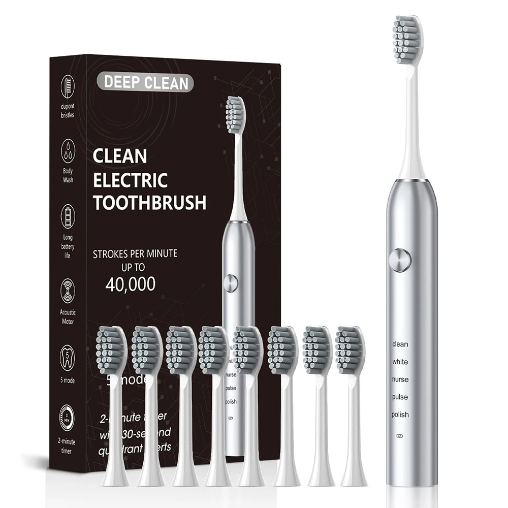 

Hicare Electric Toothbrush, Waterproof Toothbrush, Ultrasonic Toothbrush, Soft Bristle Brush, With 8 Brush Heads, Silver ﻿