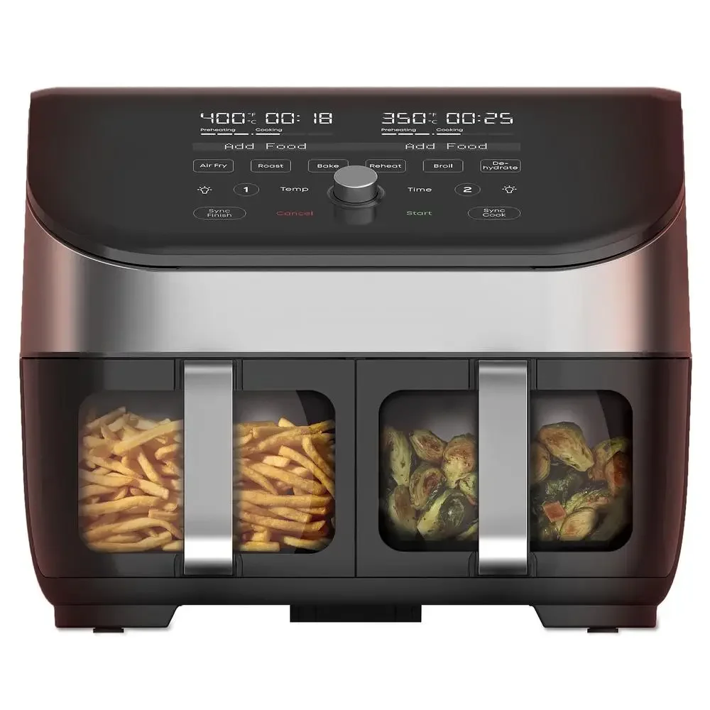 8qt Air Fryer Stainless Steel Clear Windows SyncCook EvenCrisp Auto-off Dual Baskets Non-Stick