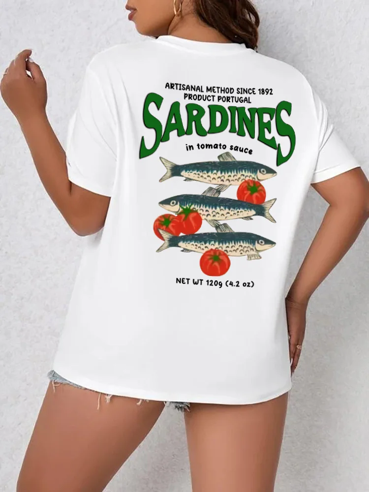 

Plus Size Women T-Shirt Portuguese Sardine Graphic Tees Streetwear Aesthetic Shirt Retro Short Sleeve Cotton Female Tops Y2k