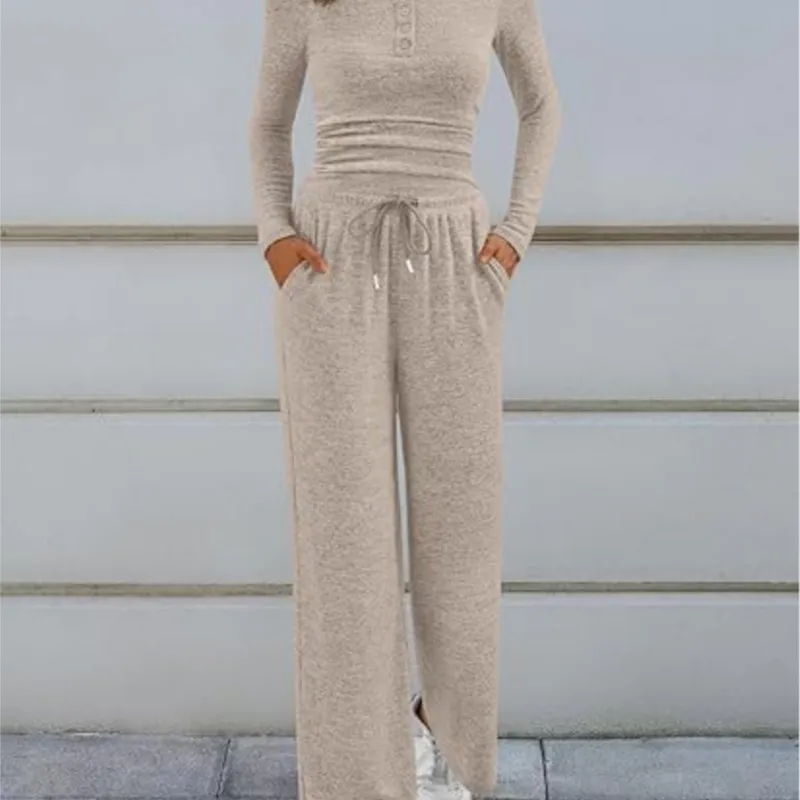 

Trajes De Mujer элегантный квадратный воротник осень-зима топы с длинными рукавами широкие брюки домашний костюм женский однотонный комплект из 2 предметов